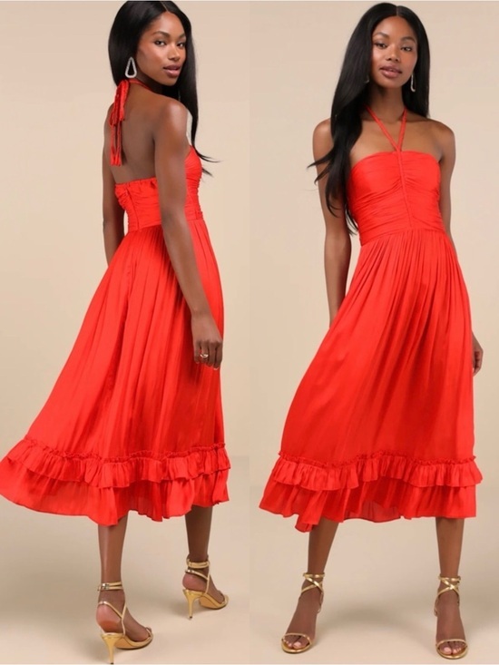 Lulus Dresses & Skirts - NWT Lulu’s Pleasing Chicness Red Satin Halter Tiered Midi Dress Small Party Chic